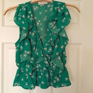🔵($10) Wayf kelly green, flowered ruffle wrap top, small, Nordstrom